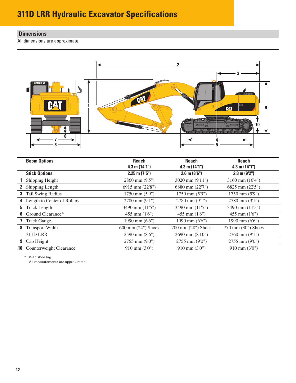 Dimensions, 311d lrr hydraulic excavator specifications | Milton CAT 311D LRR User Manual | Page 12 / 24