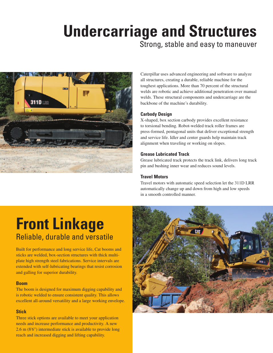 Undercarriage and structures, Front linkage, Strong, stable and easy to maneuver | Reliable, durable and versatile | Milton CAT 311D LRR User Manual | Page 6 / 24