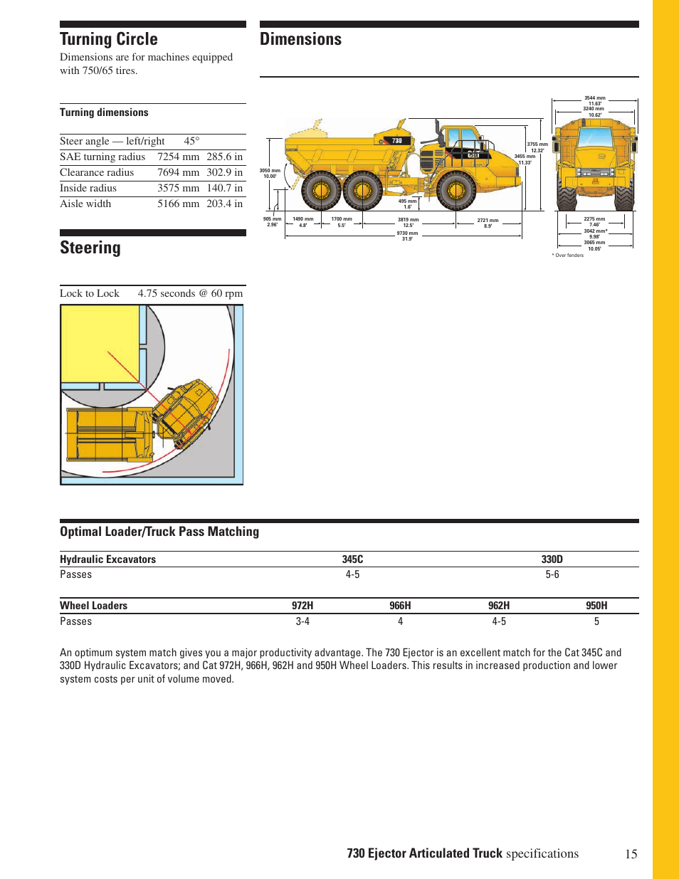 Turning circle, Steering, Dimensions | Optimal loader/truck pass matching | Milton CAT 730 Ejector User Manual | Page 15 / 20