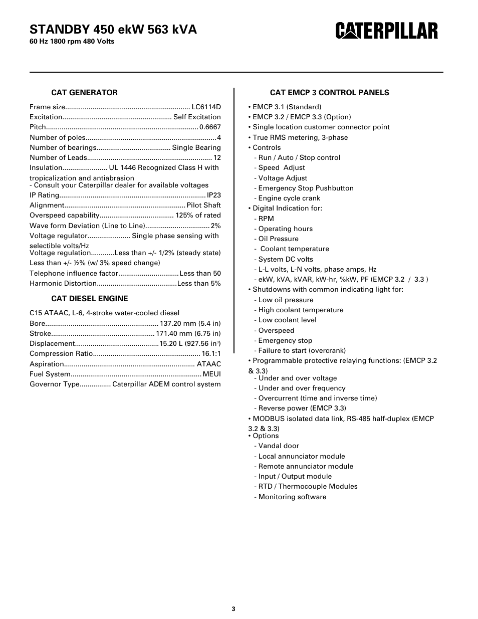 Specifications | Milton CAT C15 450 ekW 563 kVA 60 Hz 1800 rpm 480 Volts Spec Sheet User Manual | Page 3 / 6