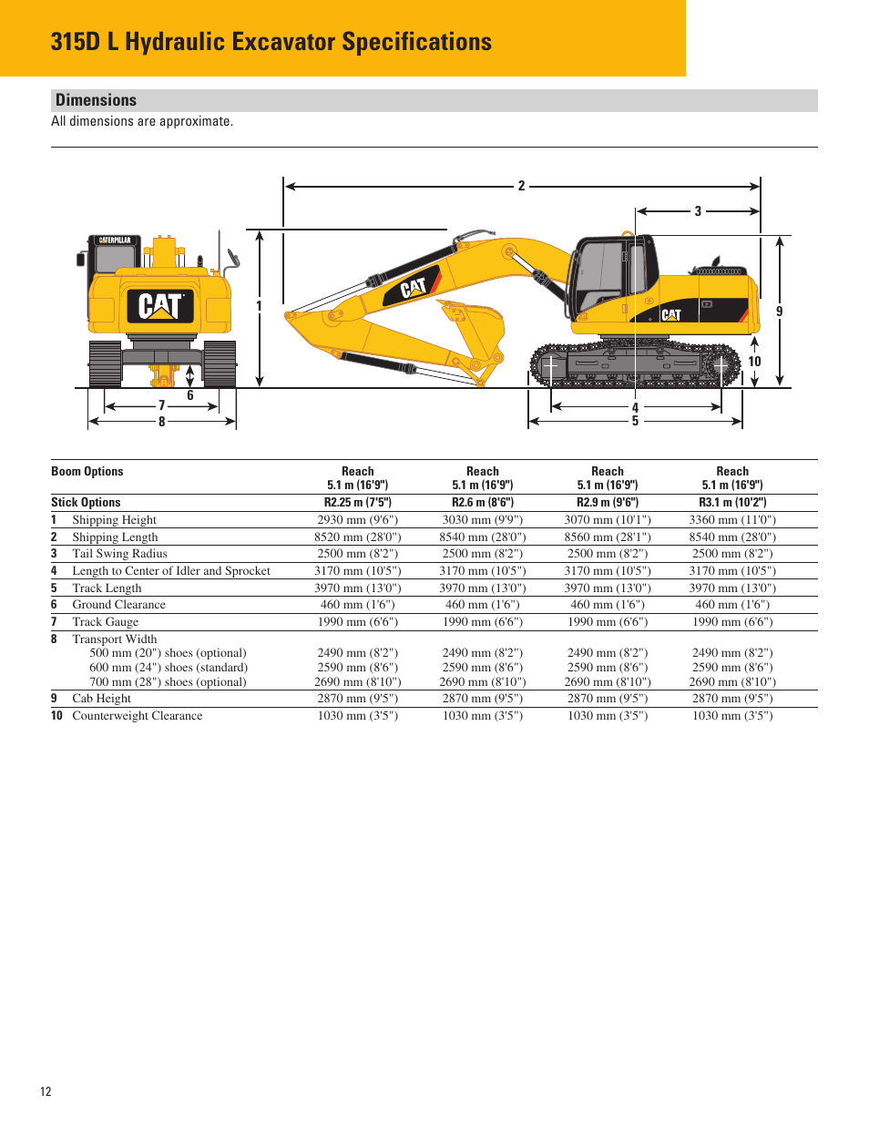 Dimensions, 315d l hydraulic excavator specifications | Milton CAT 315D L User Manual | Page 12 / 24