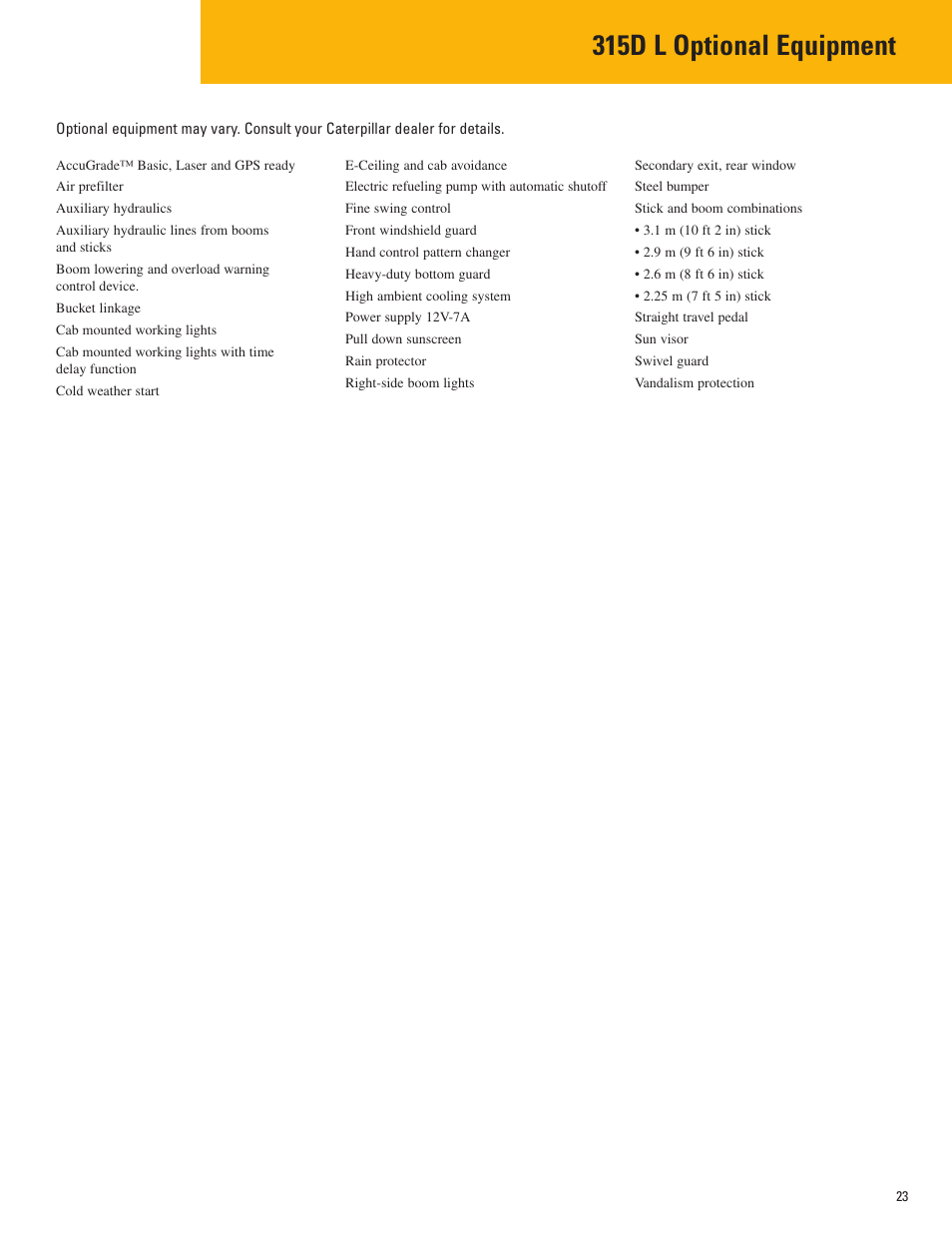 Optional equipment, 315d l optional equipment | Milton CAT 315D L User Manual | Page 23 / 24