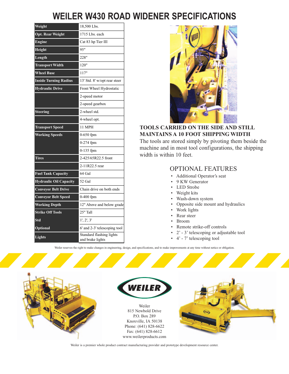 Weiler w430 road widener specifications, Optional features | Milton CAT Weiler W430 User Manual | Page 4 / 4
