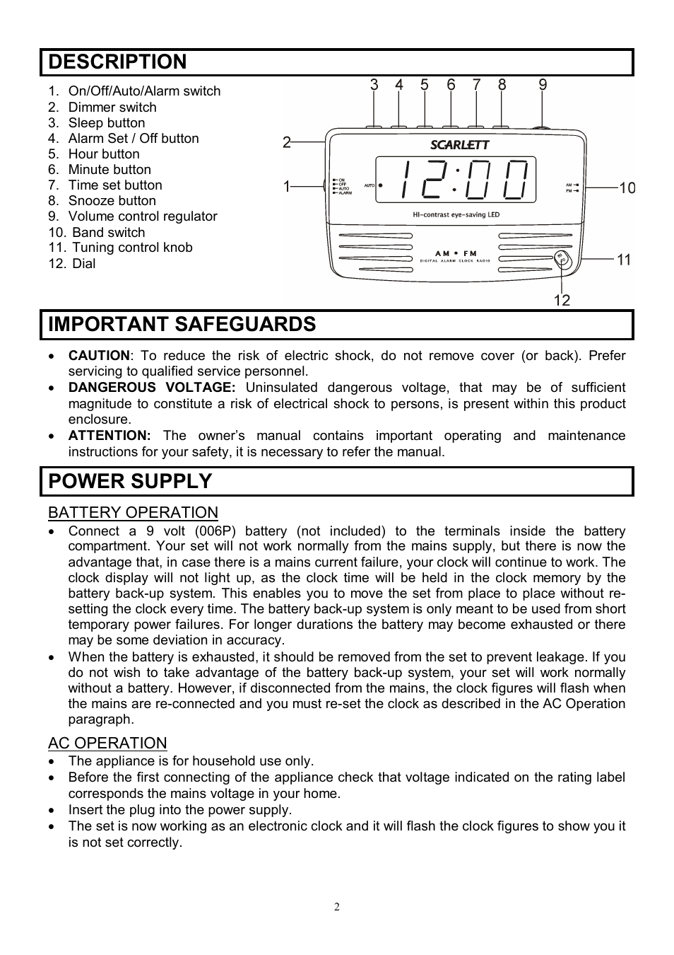 Description, Important safeguards, Power supply | Scarlett SC-4003 User Manual | Page 2 / 7