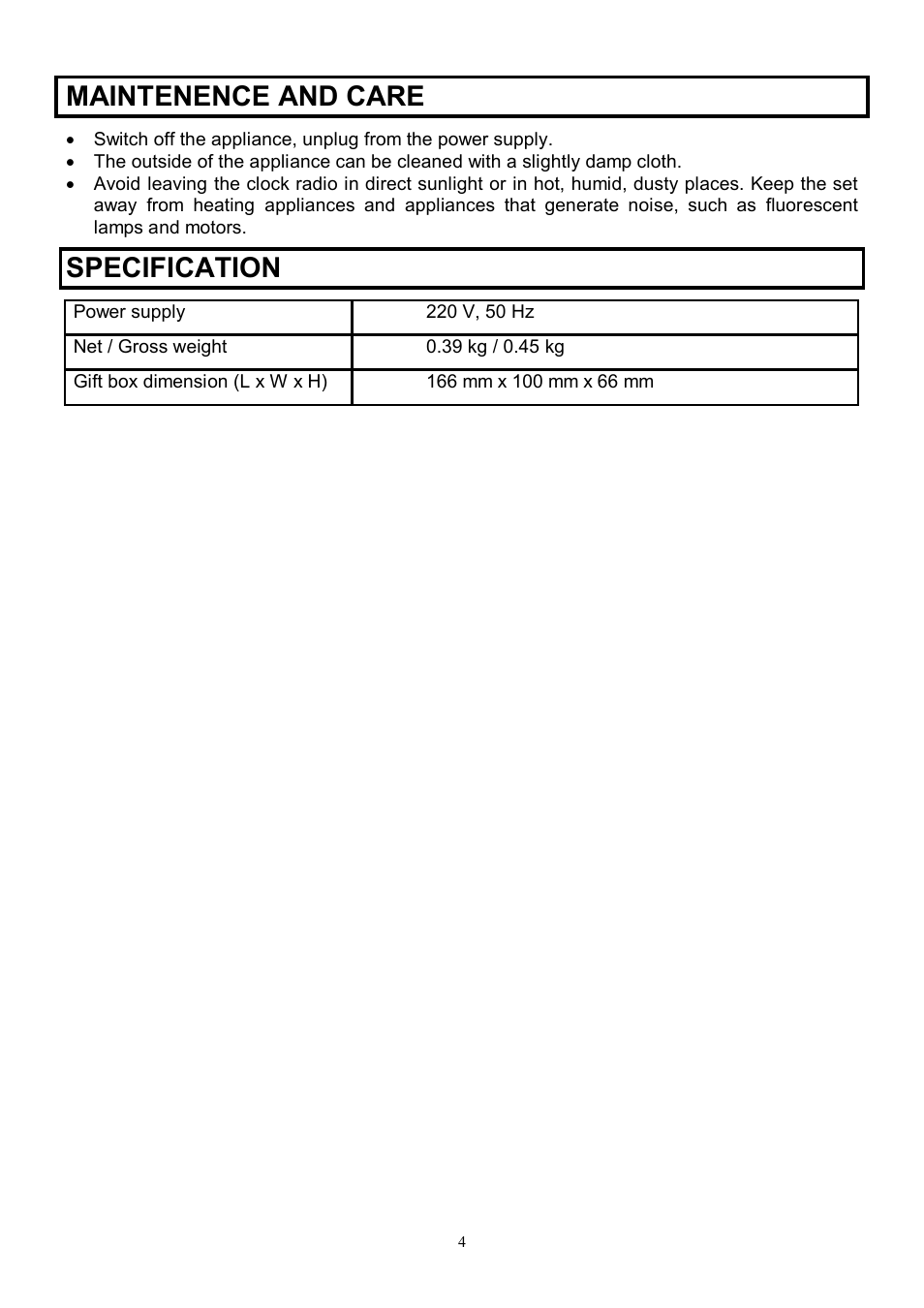 Maintenence and care, Specification | Scarlett SC-4003 User Manual | Page 4 / 7