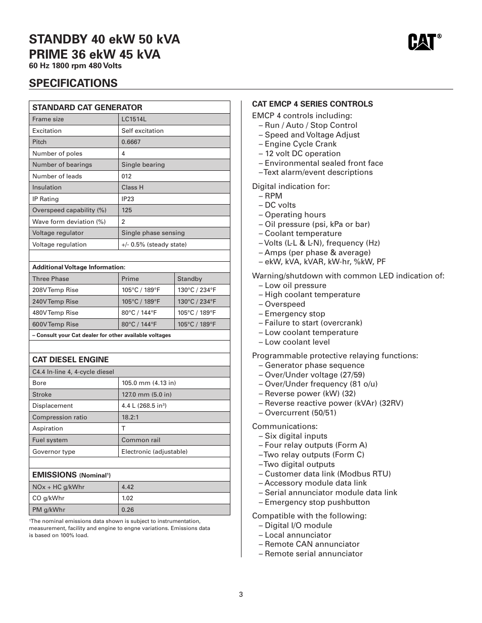 Specifications | Milton CAT D40-6 40 kW Spec Sheet User Manual | Page 3 / 6