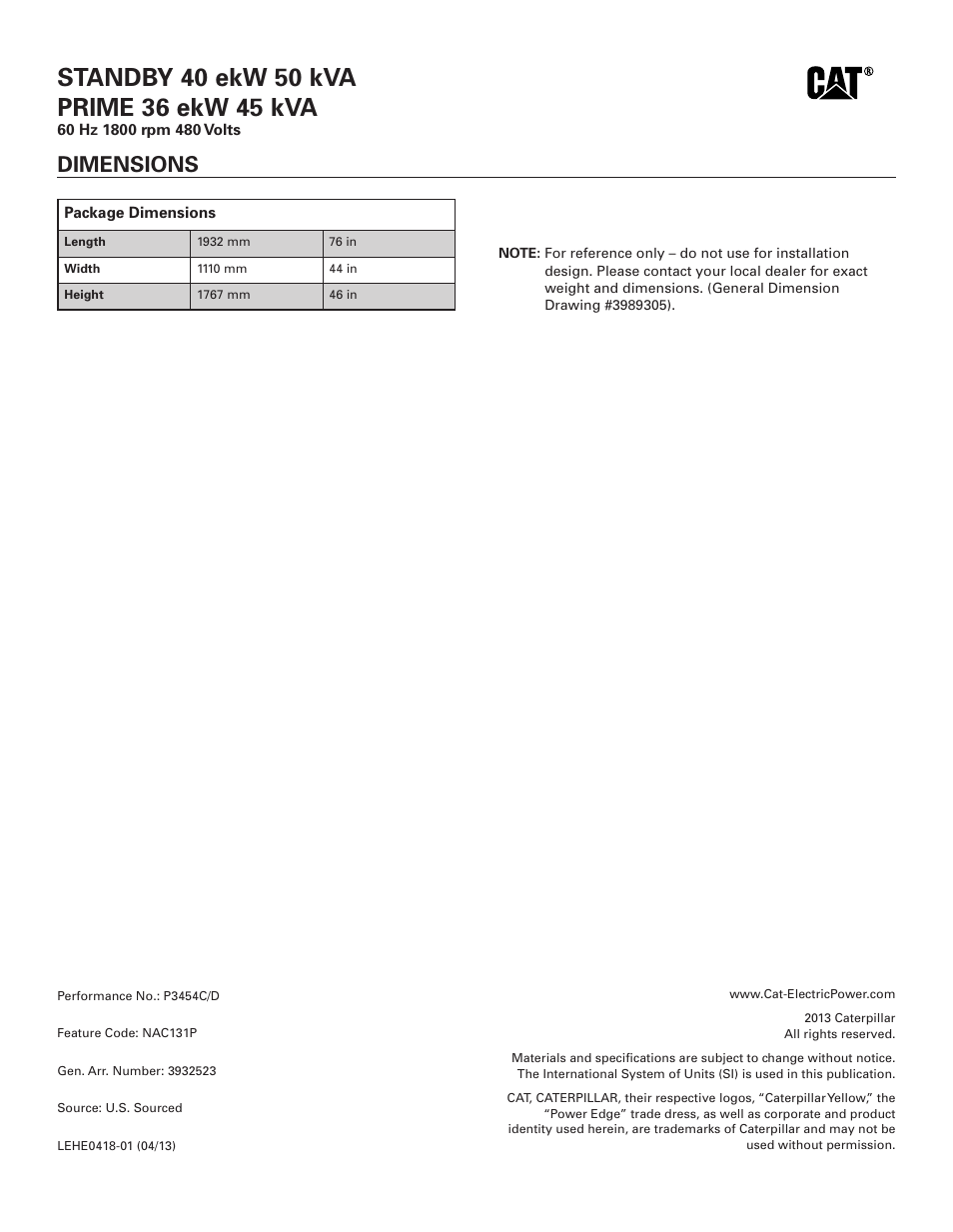 Dimensions | Milton CAT D40-6 40 kW Spec Sheet User Manual | Page 6 / 6
