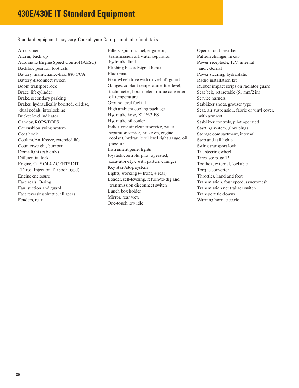 430e/4430e it standard equipment | Milton CAT 430E IT User Manual | Page 26 / 28