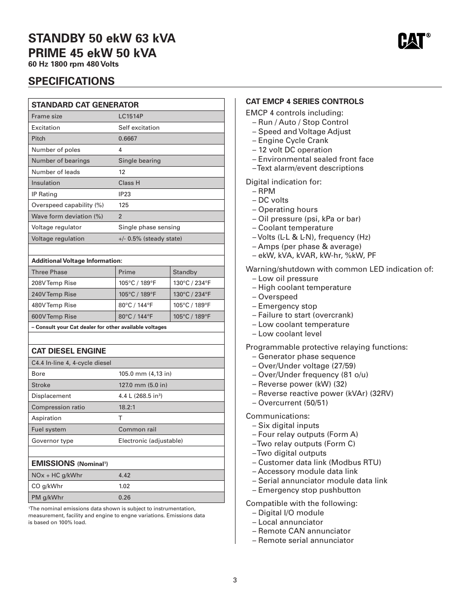 Specifications | Milton CAT D50-6 50 kW Spec Sheet User Manual | Page 3 / 6