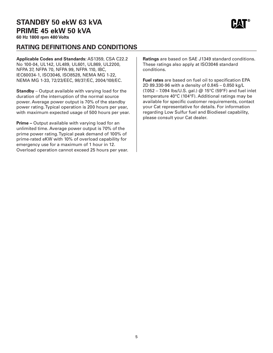 Rating definitions and conditions | Milton CAT D50-6 50 kW Spec Sheet User Manual | Page 5 / 6