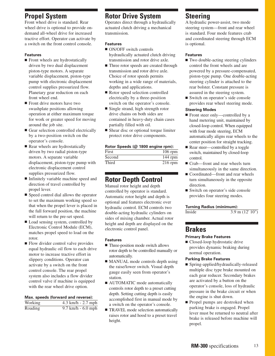 Propel system, Rotor drive system, Rotor depth control | Steering, Brakes, Rm-300 specifications | Milton CAT RM 300 User Manual | Page 13 / 16