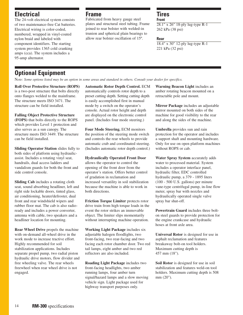 Electrical, Frame, Tires | Optional equipment | Milton CAT RM 300 User Manual | Page 14 / 16