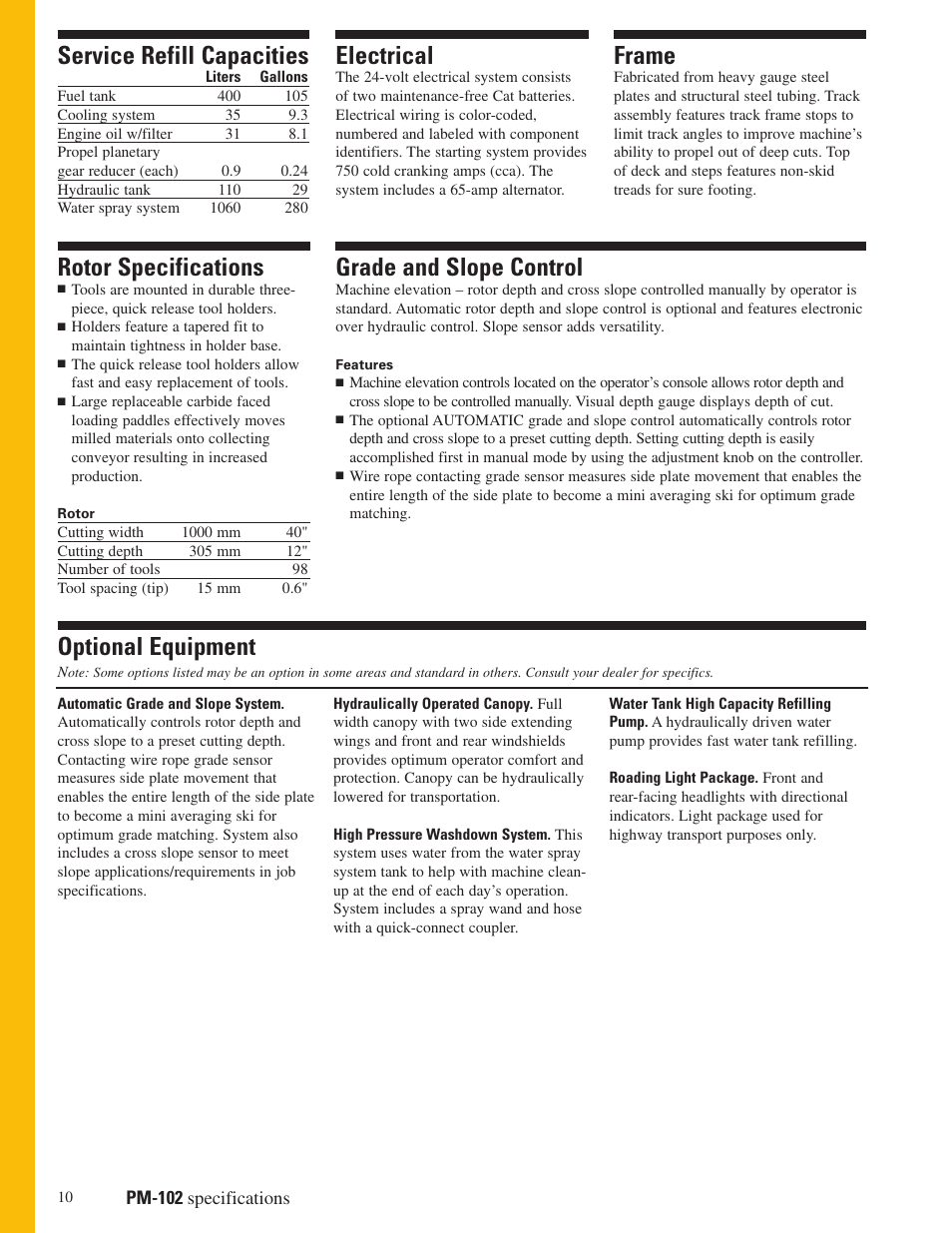 Service refill capacities, Rotor specifications, Electrical | Grade and slope control, Frame, Optional equipment | Milton CAT PM 102 User Manual | Page 10 / 12