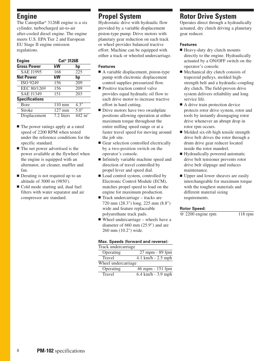 Engine, Propel system, Rotor drive system | Pm-102 specifications | Milton CAT PM 102 User Manual | Page 8 / 12