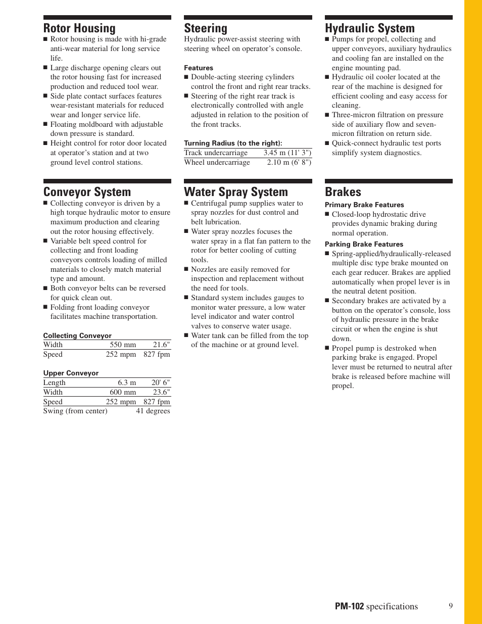 Rotor housing, Conveyor system, Steering | Water spray system, Hydraulic system, Brakes, Pm-102 specifications | Milton CAT PM 102 User Manual | Page 9 / 12