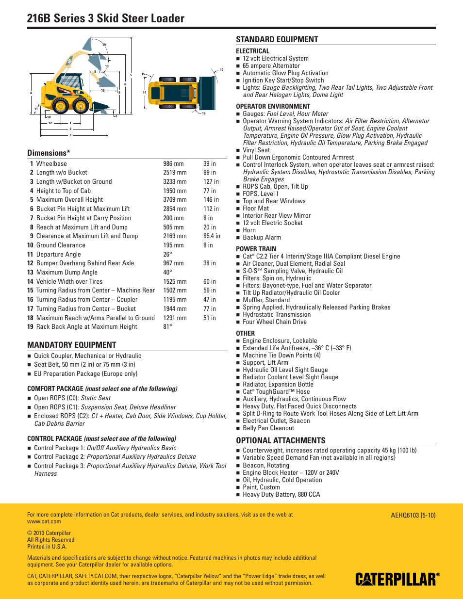 Dimensions, Mandatory equipment, Comfort package | Control package, Standard equipment, Electrical, Operator environment, Power train, Other, Other attachments | Milton CAT 216B Series 3 User Manual | Page 2 / 2