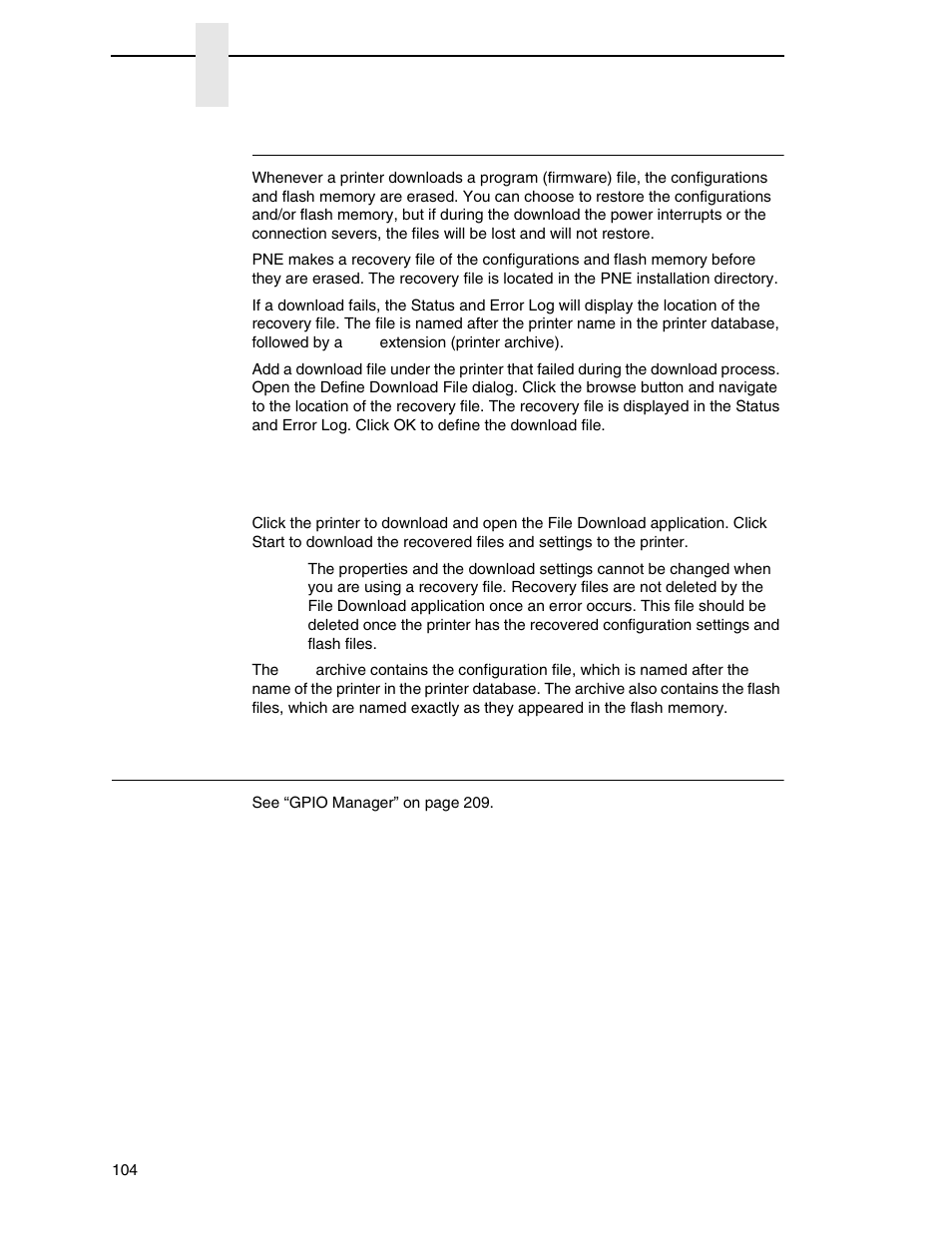 Recovery file, Gpio manager | Printronix PrintNet Enterprise User Manual | Page 104 / 330