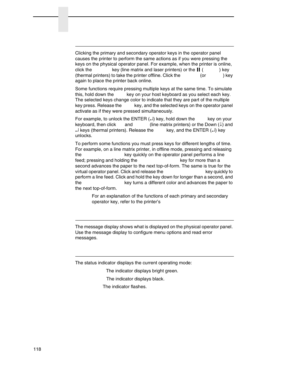 Primary/secondary operator keys, Message display, Status indicator | Printronix PrintNet Enterprise User Manual | Page 118 / 330