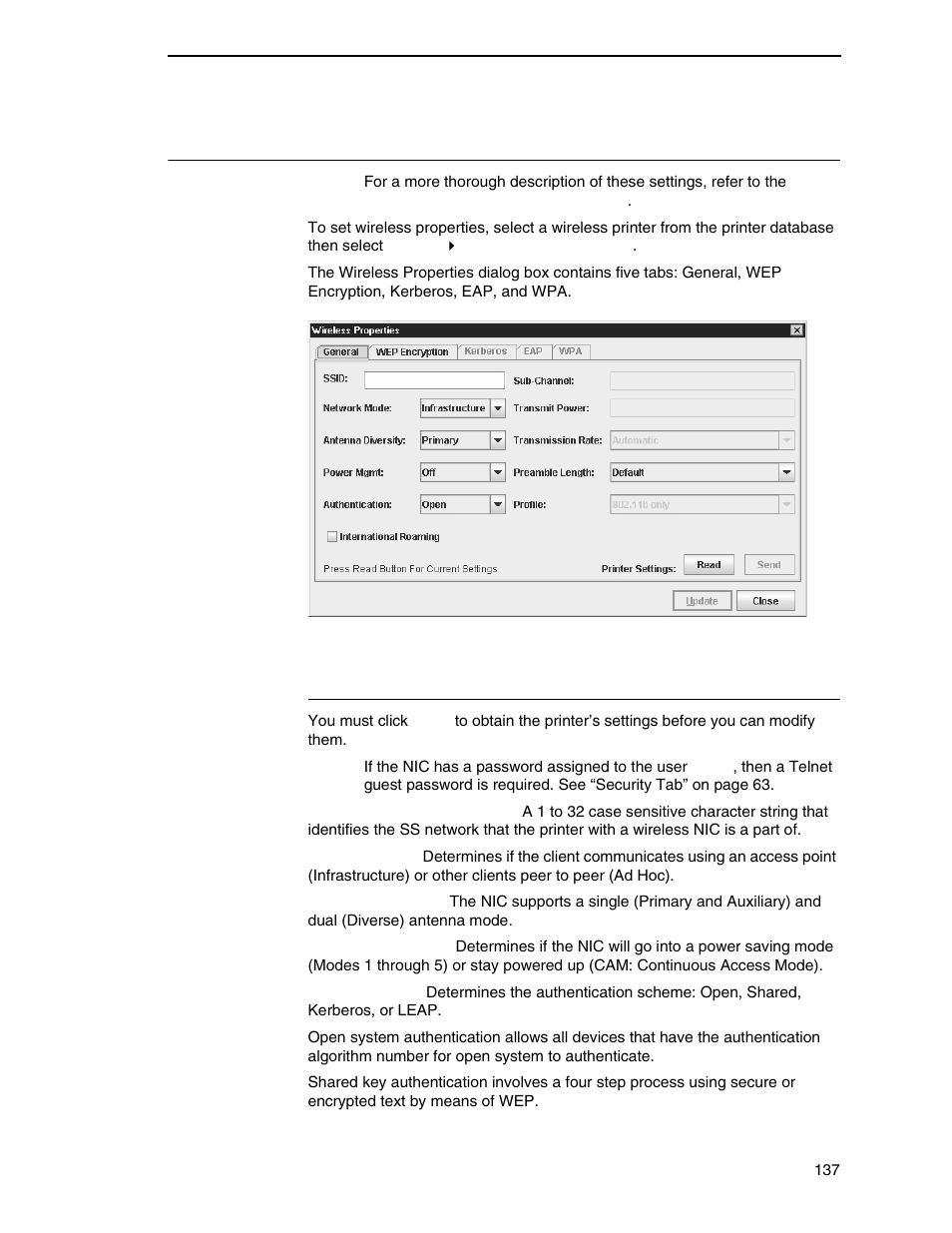 Set wireless properties, General tab | Printronix PrintNet Enterprise User Manual | Page 137 / 330