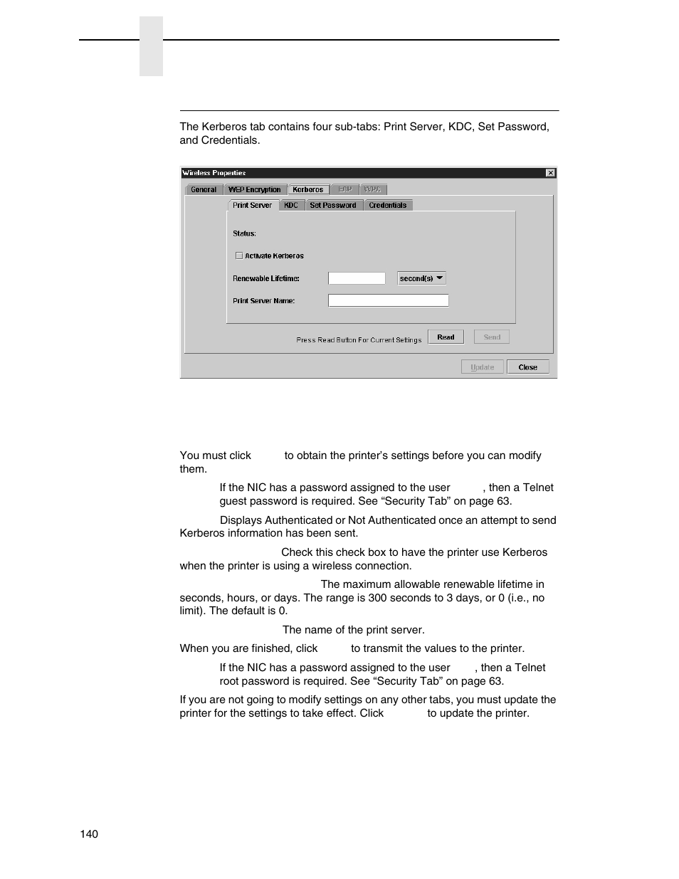 Kerberos tab, Print server sub-tab | Printronix PrintNet Enterprise User Manual | Page 140 / 330