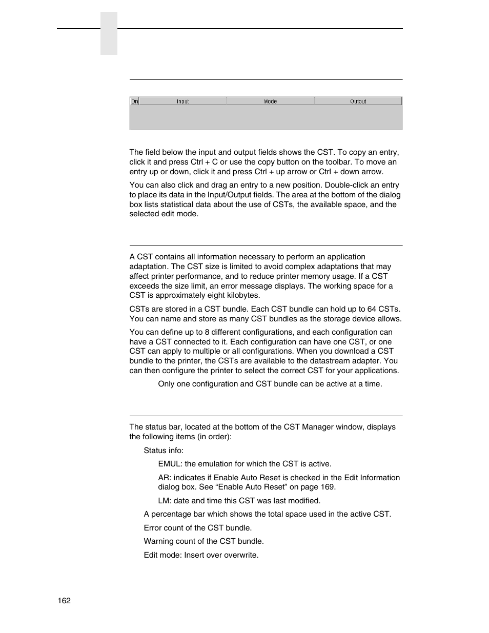 The cst listing field, Csts and cst bundles, Status bar | Printronix PrintNet Enterprise User Manual | Page 162 / 330