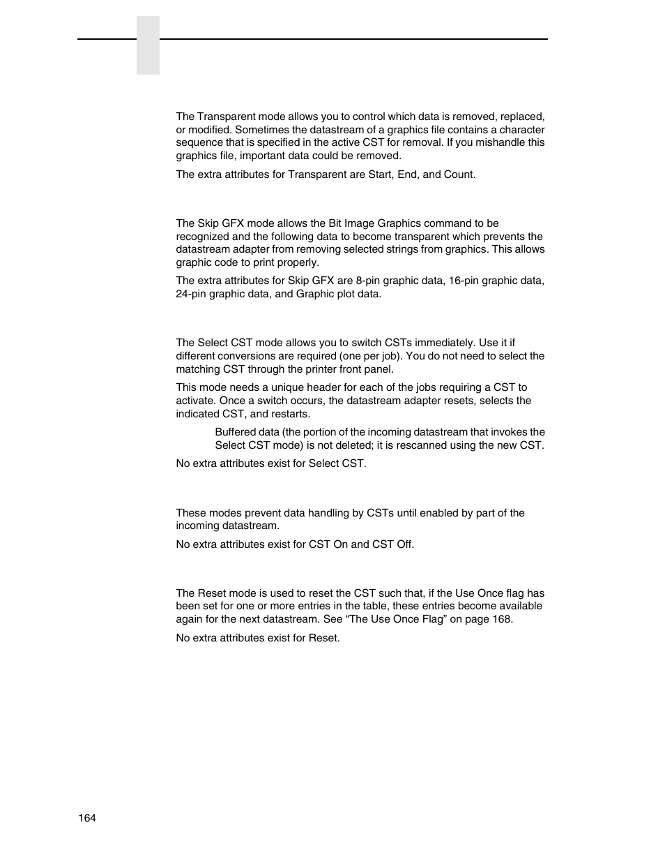 Transparent mode, Skip gfx mode, Select cst mode | Cst on, cst off mode, Reset mode | Printronix PrintNet Enterprise User Manual | Page 164 / 330