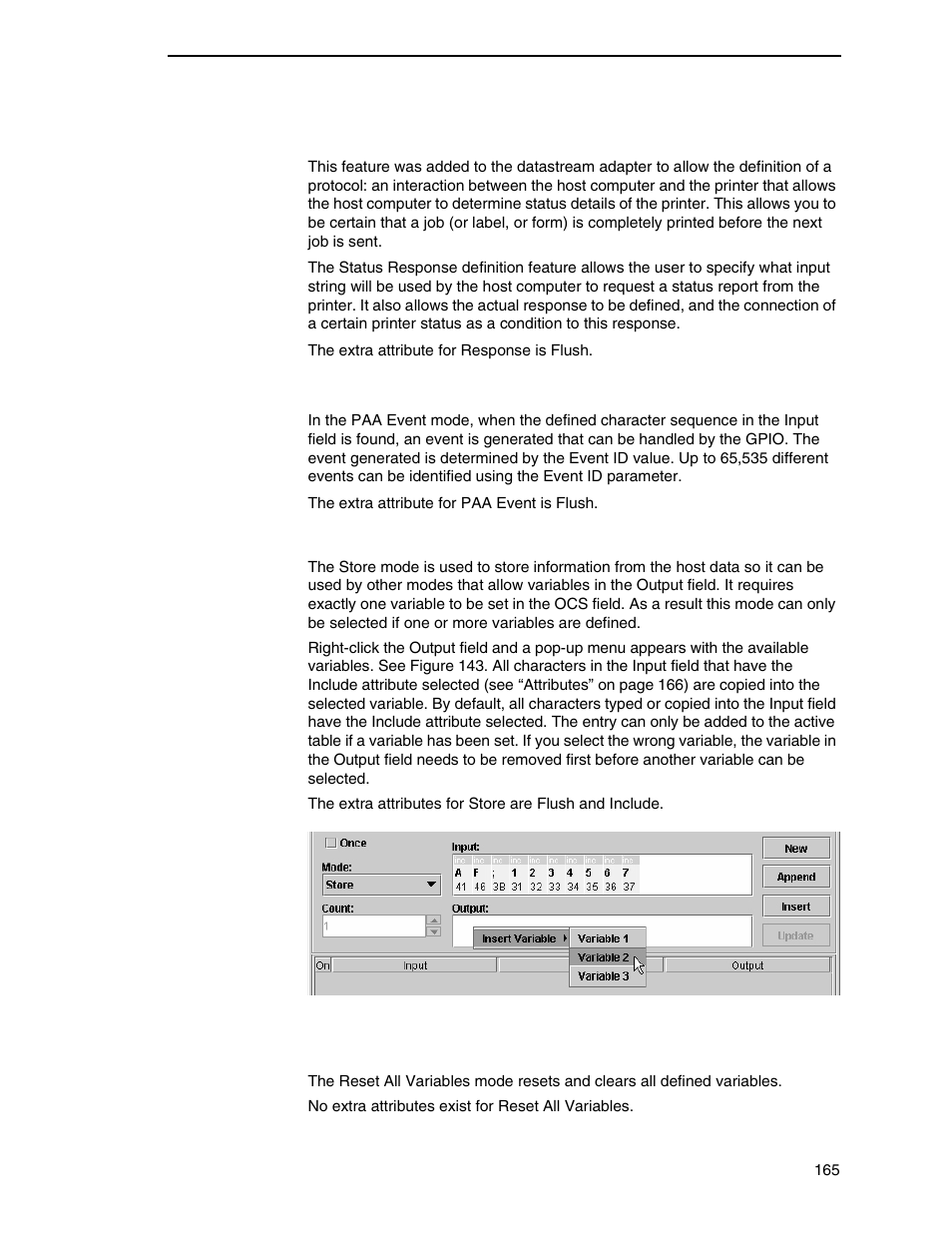 Response mode, Paa event mode, Store mode | Reset all variables mode | Printronix PrintNet Enterprise User Manual | Page 165 / 330