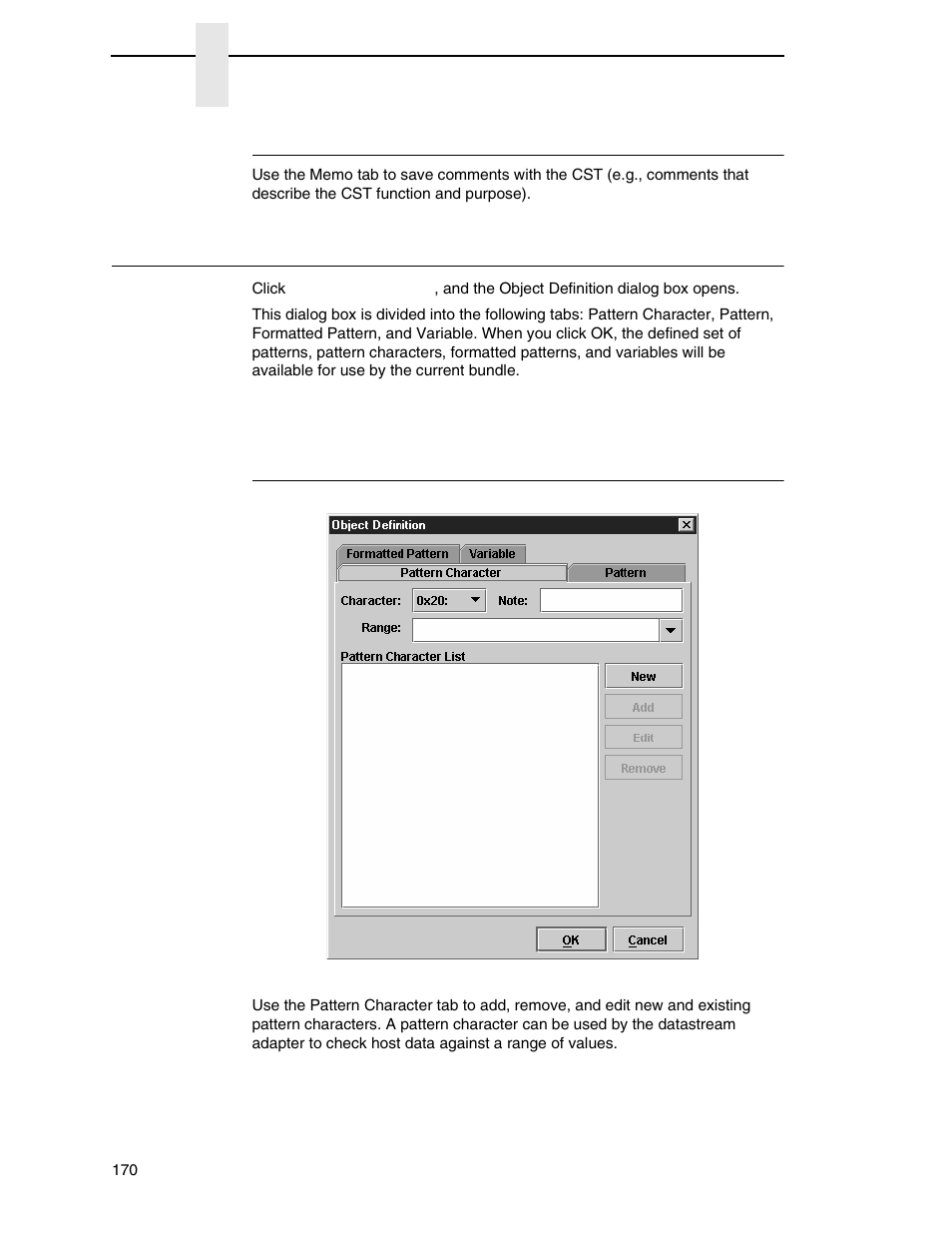 Memo tab, Patterns / variables, Pattern character tab | Printronix PrintNet Enterprise User Manual | Page 170 / 330