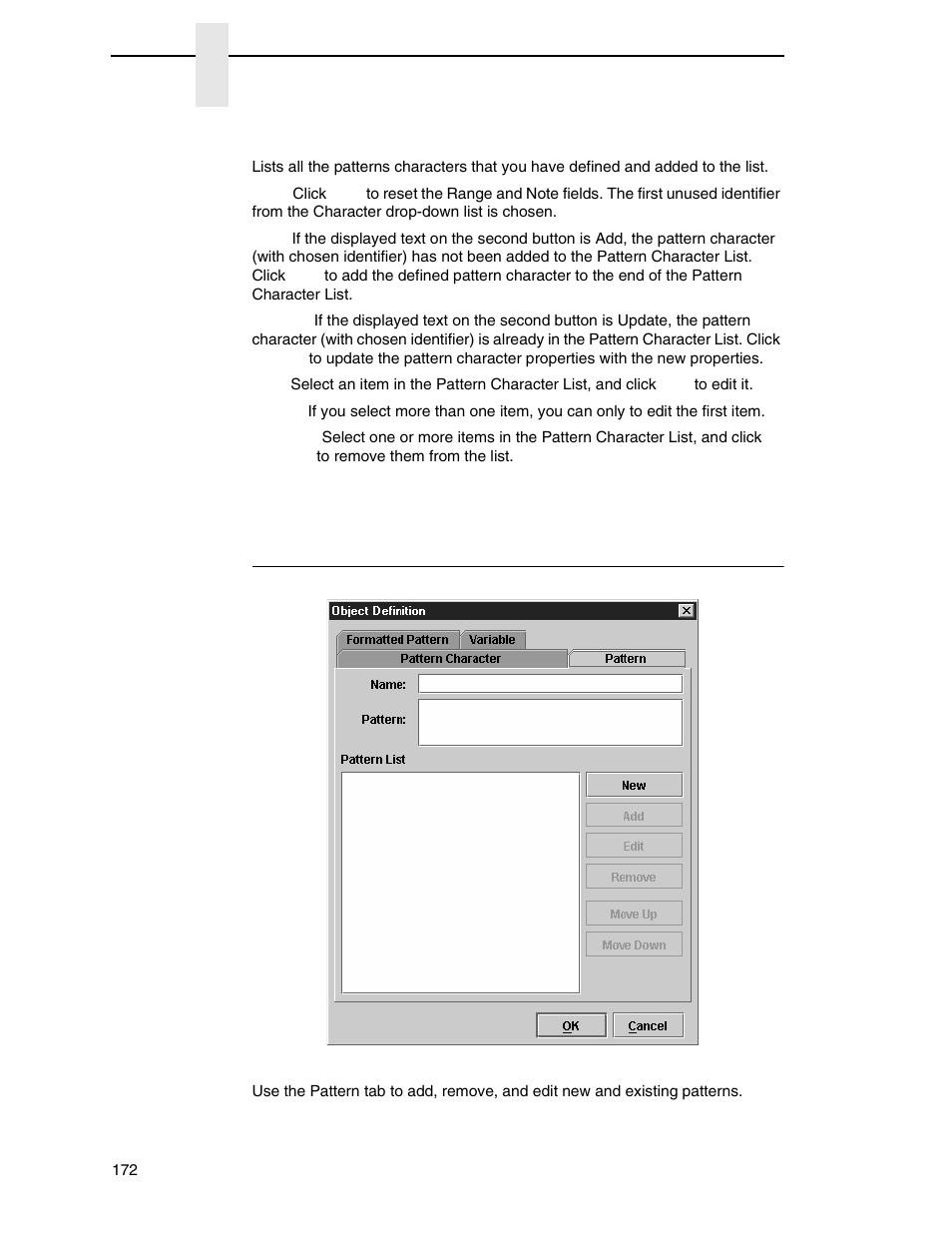 Pattern tab, Pattern character list | Printronix PrintNet Enterprise User Manual | Page 172 / 330