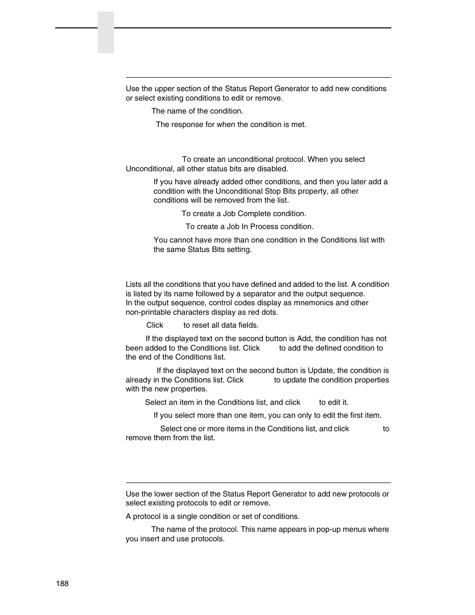 Conditions, Protocols, Status bits | Conditions list | Printronix PrintNet Enterprise User Manual | Page 188 / 330