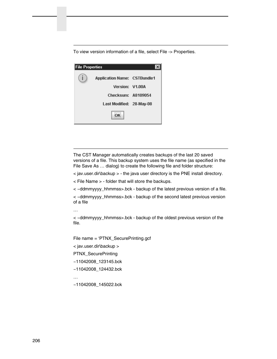 Viewing file version information, Automatic file backup system | Printronix PrintNet Enterprise User Manual | Page 206 / 330