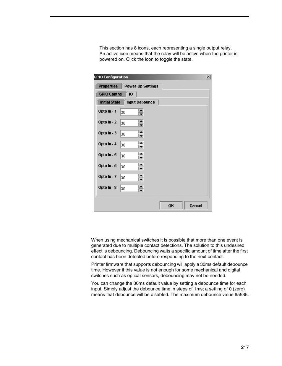 Input debounce | Printronix PrintNet Enterprise User Manual | Page 217 / 330