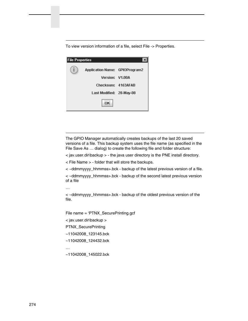 Viewing file version information, Automatic file backup system | Printronix PrintNet Enterprise User Manual | Page 274 / 330