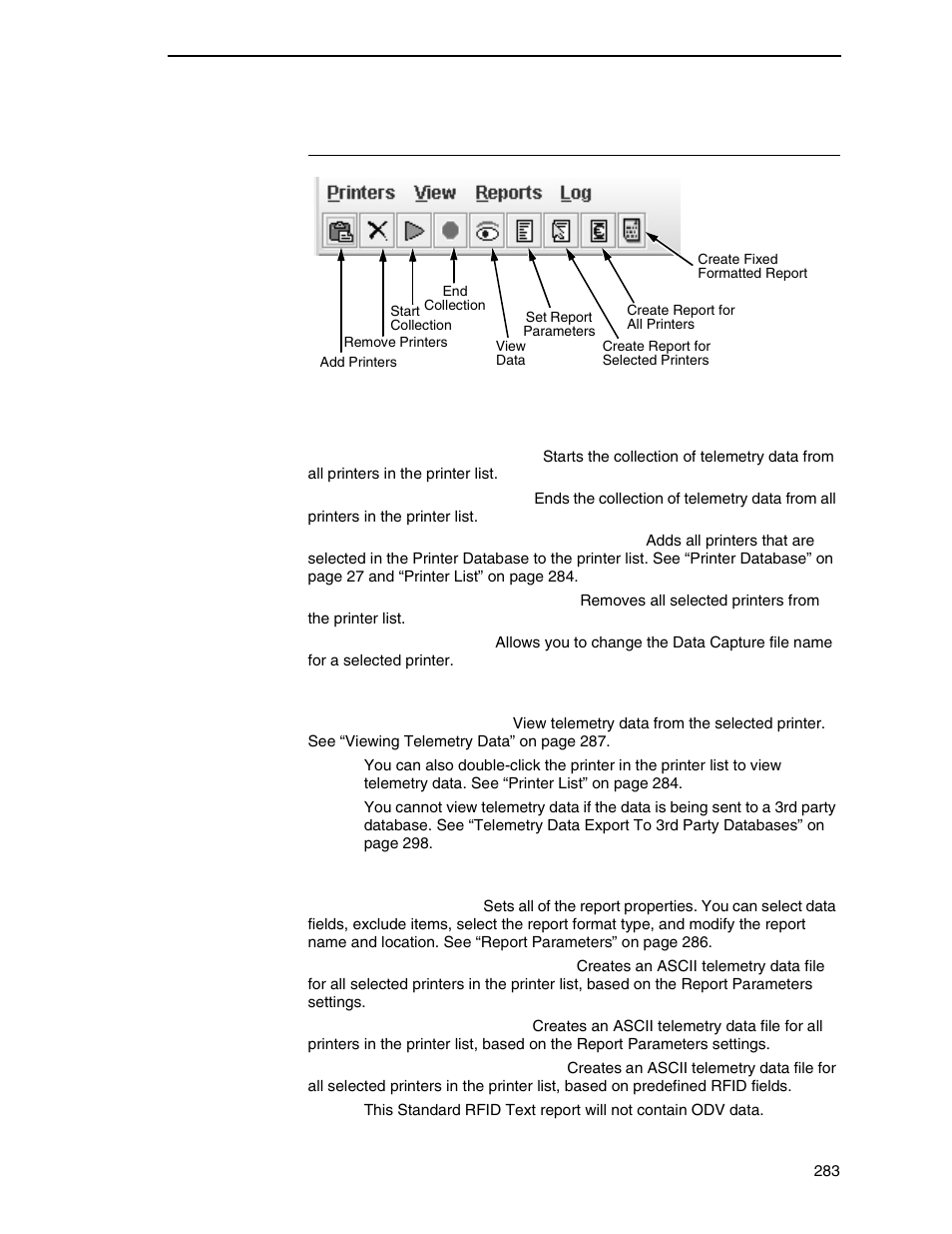 The menu and toolbar, Printers, View | Reports | Printronix PrintNet Enterprise User Manual | Page 283 / 330