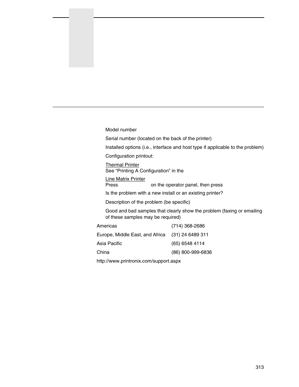 A contact information, Printronix customer support center, Contact information | Printronix PrintNet Enterprise User Manual | Page 313 / 330