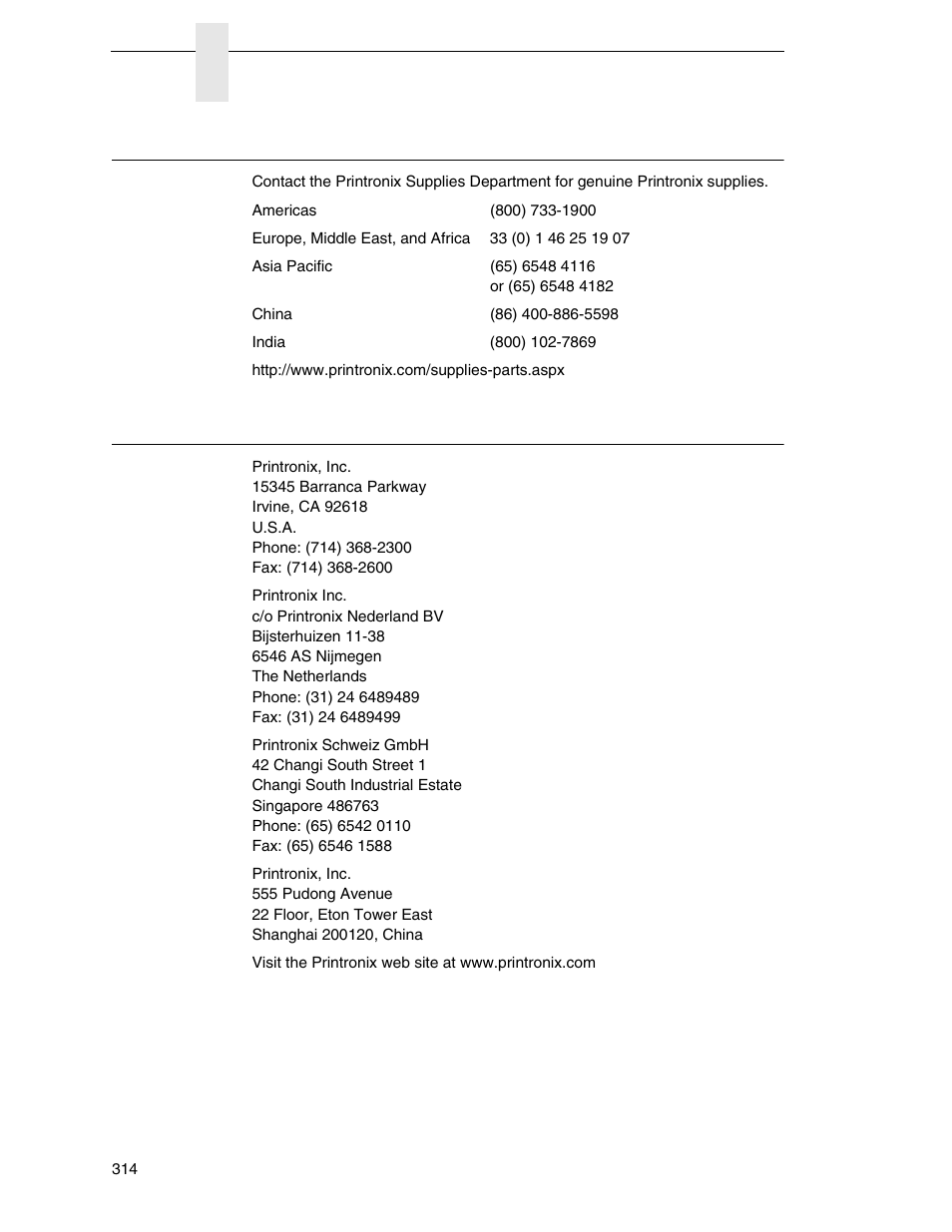 Printronix supplies department, Corporate offices | Printronix PrintNet Enterprise User Manual | Page 314 / 330