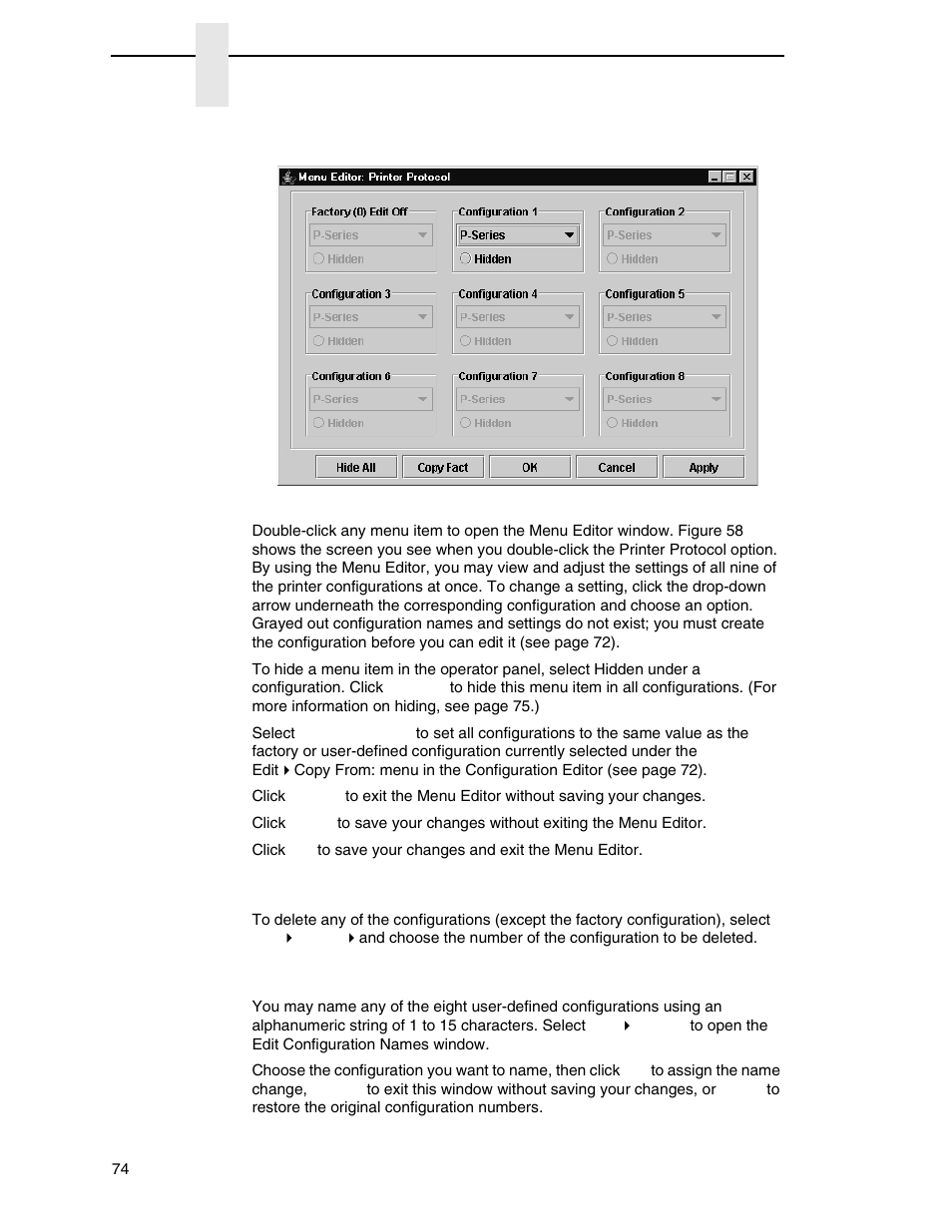 Menu editor, Deleting configurations, Naming configurations | Printronix PrintNet Enterprise User Manual | Page 74 / 330