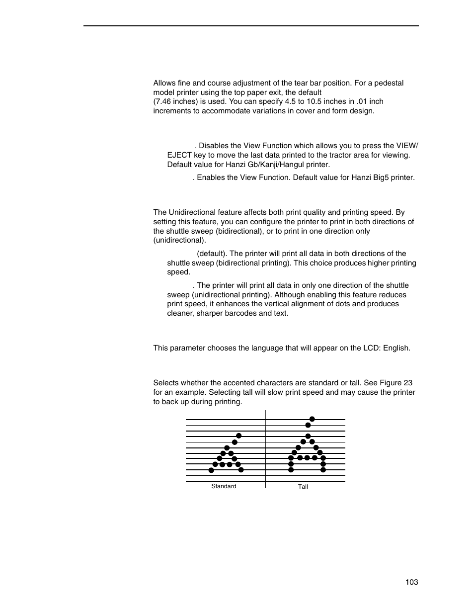 Tear bar dist. (distance), View function, Unidirectional | Display language, Accented char | Printronix P7000 H-Series Cartridge Ribbon Printer User Manual | Page 103 / 220