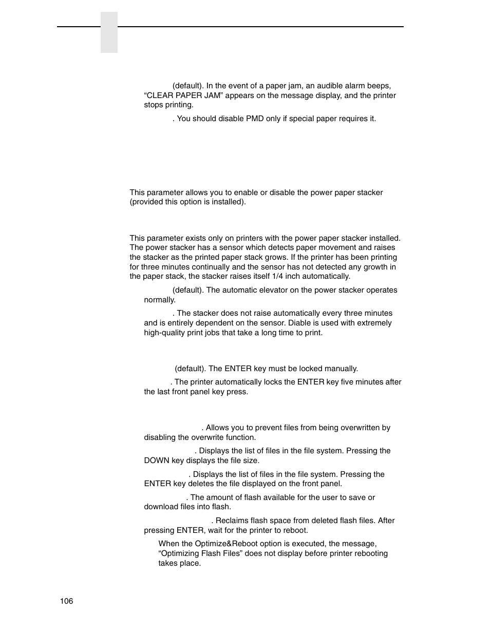 Pmd (paper motion detection) fault, Power stacker, Auto elevator | Auto locking, File system | Printronix P7000 H-Series Cartridge Ribbon Printer User Manual | Page 106 / 220