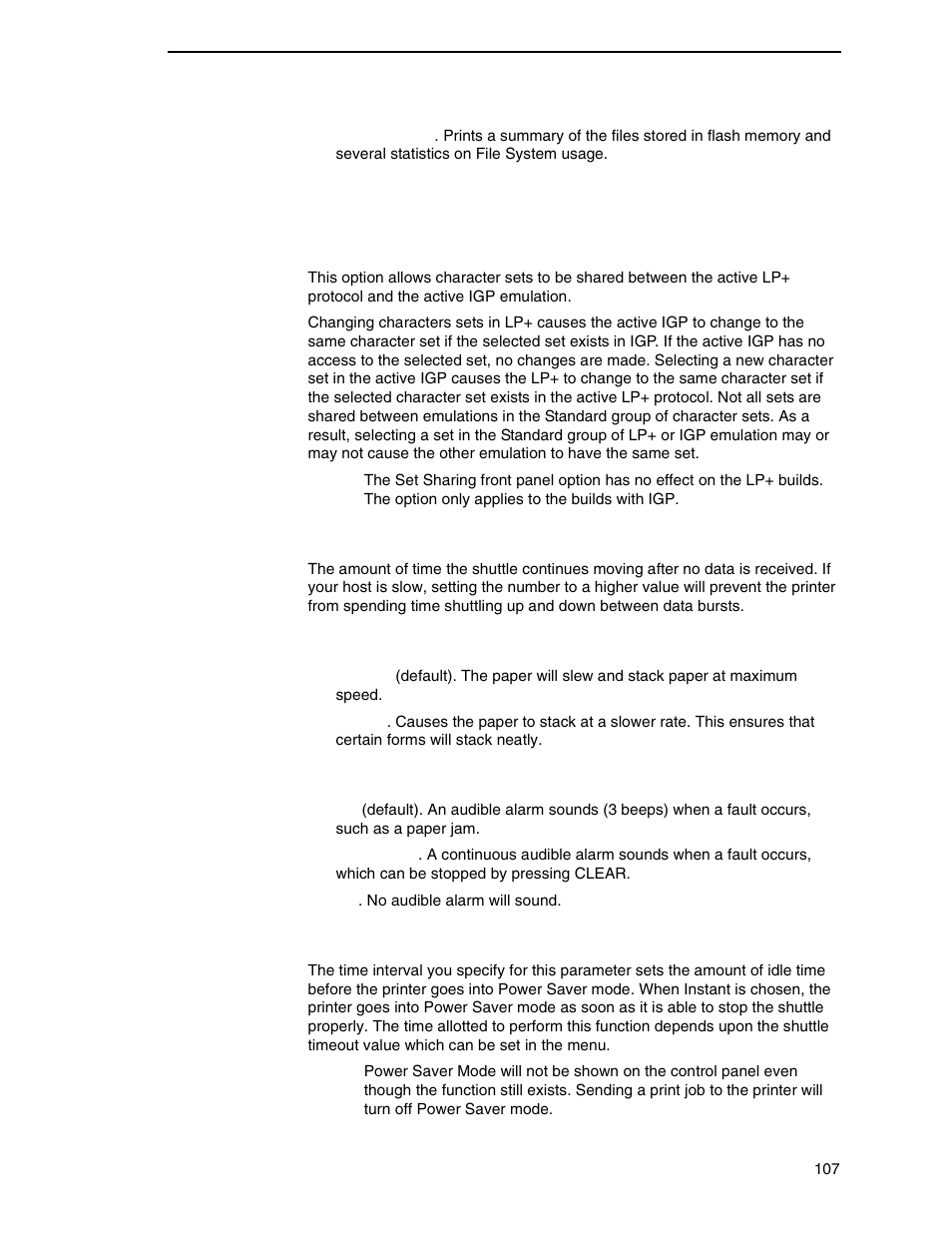 Set sharing, Shuttle timeout, Slow paper slew | Alarm, Power saver time | Printronix P7000 H-Series Cartridge Ribbon Printer User Manual | Page 107 / 220