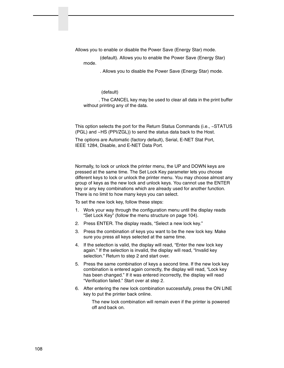 Pwr save control, Cancel key, Ret. status port | Set lock key | Printronix P7000 H-Series Cartridge Ribbon Printer User Manual | Page 108 / 220