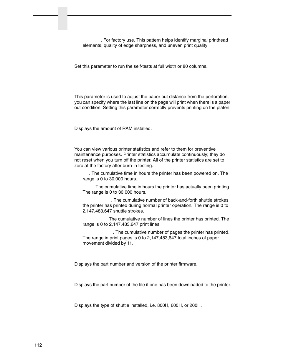 Test width, Paper out dots, Print statistics | Software build, Feature file, Shuttle type | Printronix P7000 H-Series Cartridge Ribbon Printer User Manual | Page 112 / 220