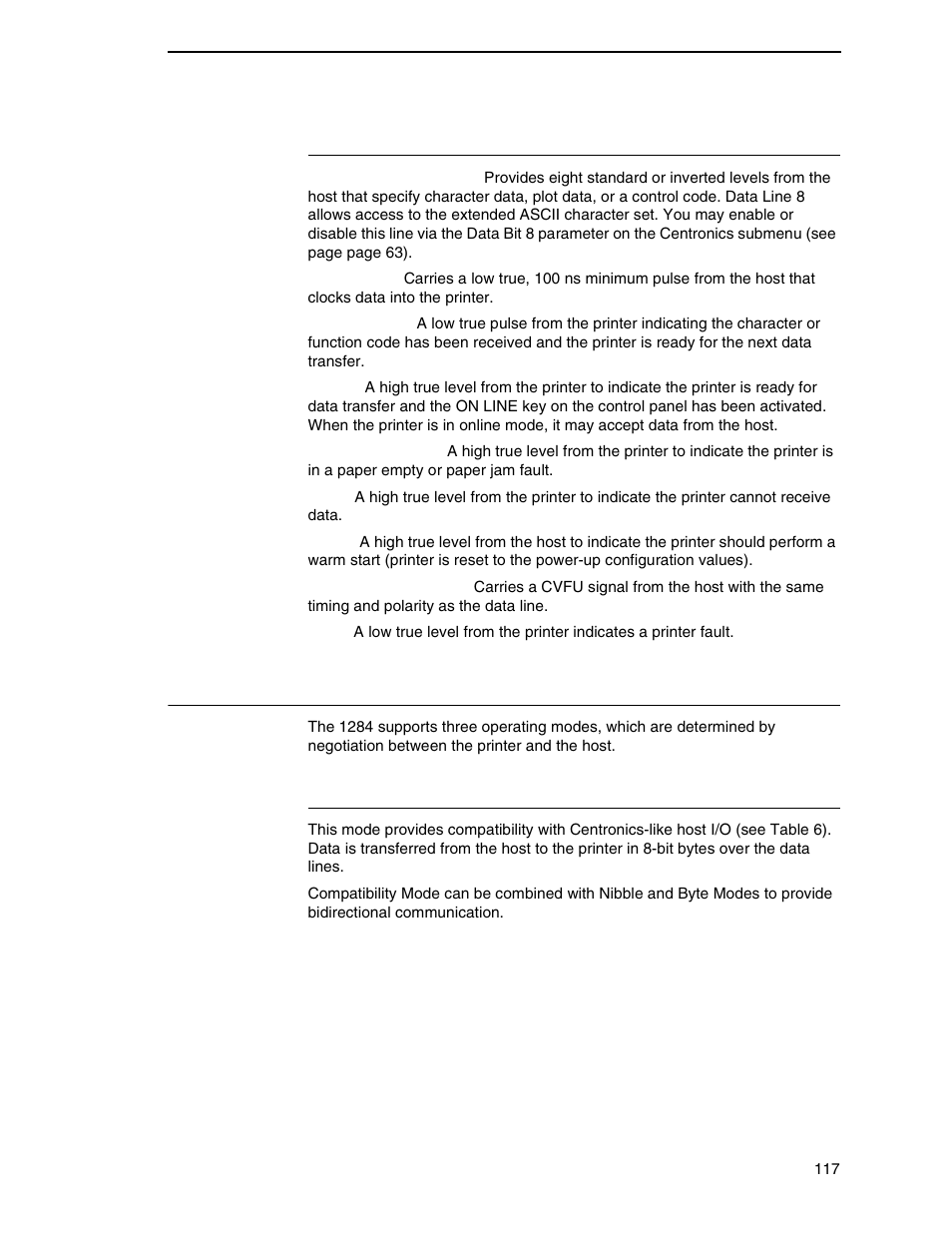 Centronics parallel interface signals, Ieee 1284 parallel interface, Compatibility mode | Ιεεε 1284 παραλλελ ιντερφαχε, Ον παγε 117 | Printronix P7000 H-Series Cartridge Ribbon Printer User Manual | Page 117 / 220