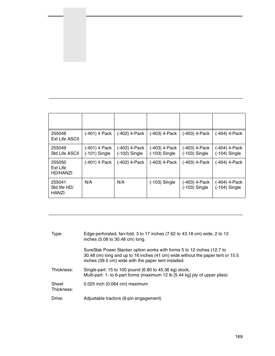 A printer specifications, Ribbon cartridge specifications, Paper specifications | Printer specifications | Printronix P7000 H-Series Cartridge Ribbon Printer User Manual | Page 169 / 220