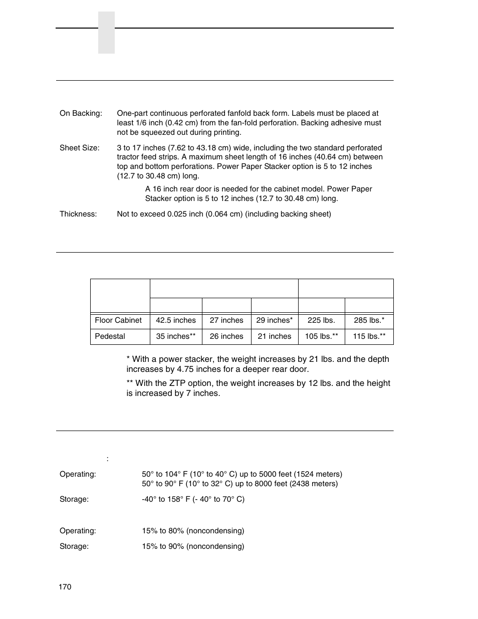 Labels, Printer weight and dimensions, Environmental characteristics | Labels printer weight and dimensions | Printronix P7000 H-Series Cartridge Ribbon Printer User Manual | Page 170 / 220