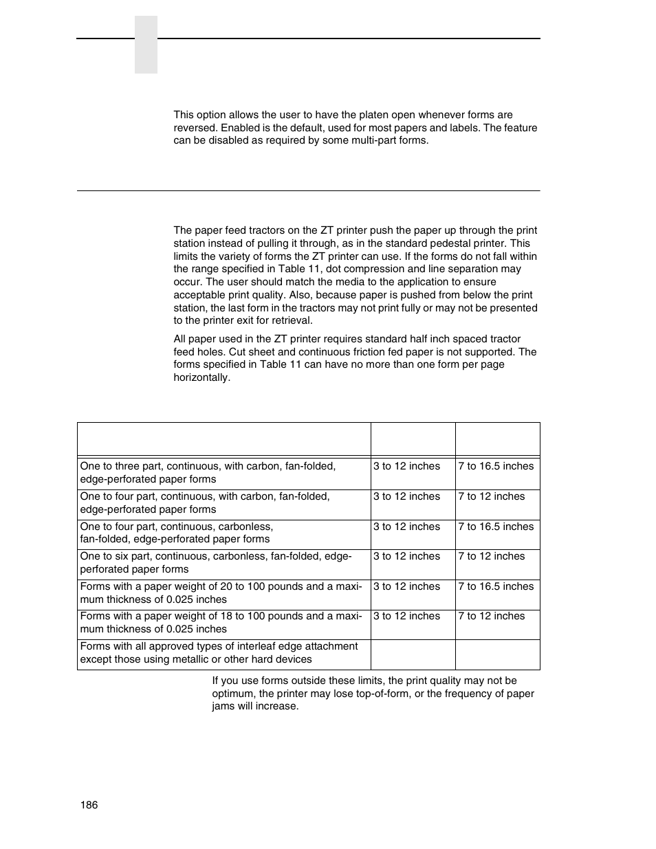 Performance limitations, Ztp platen open, Forms type | Printronix P7000 H-Series Cartridge Ribbon Printer User Manual | Page 186 / 220