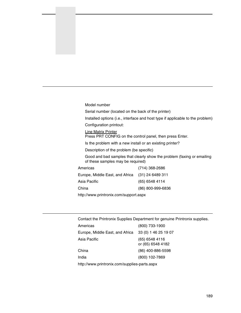 D customer support, Printronix customer support center, Printronix supplies department | Customer support | Printronix P7000 H-Series Cartridge Ribbon Printer User Manual | Page 189 / 220