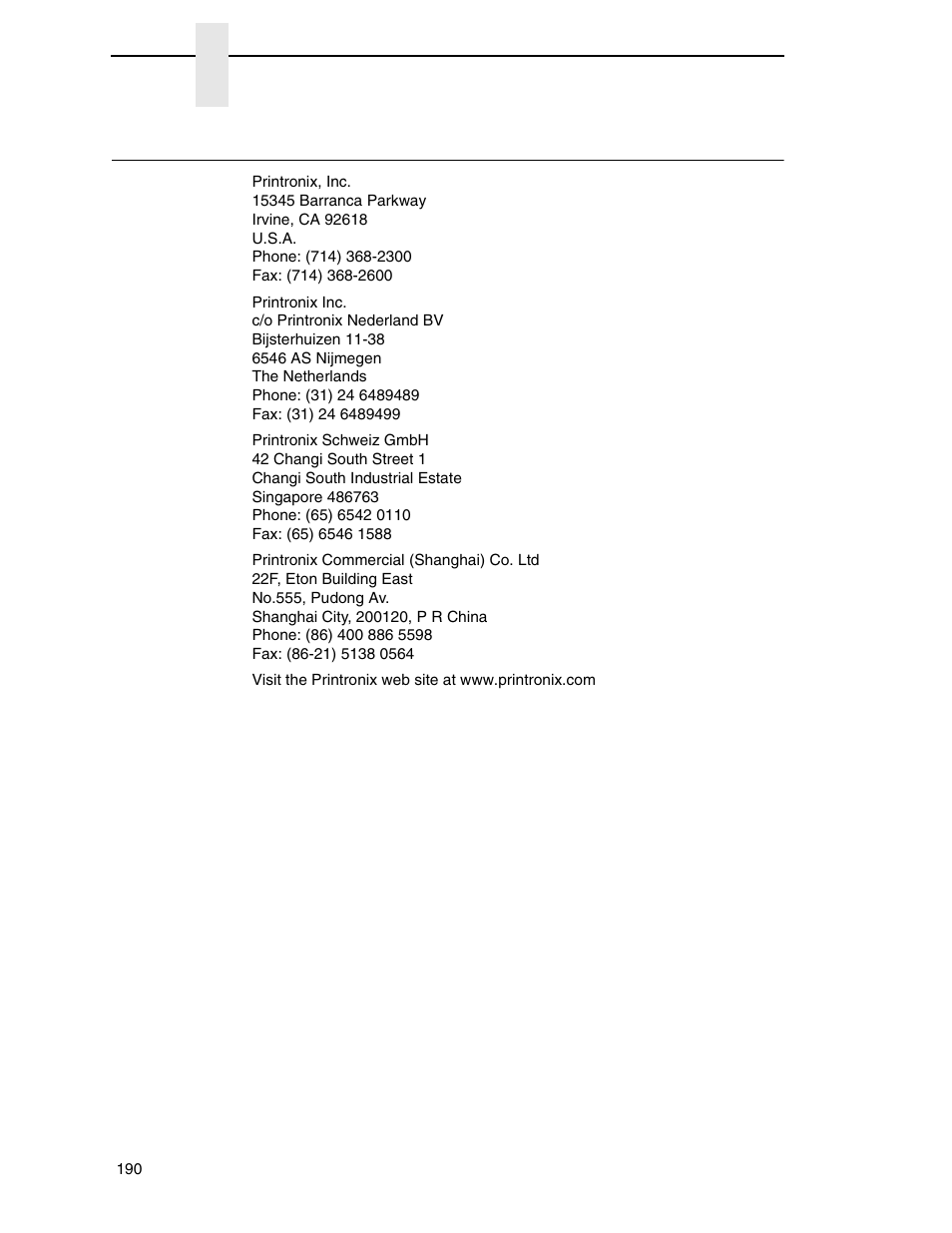 Corporate offices | Printronix P7000 H-Series Cartridge Ribbon Printer User Manual | Page 190 / 220