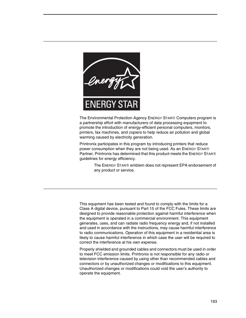 Energy star, Communication statements, Federal communications commission (fcc) statement | Printronix P7000 H-Series Cartridge Ribbon Printer User Manual | Page 193 / 220