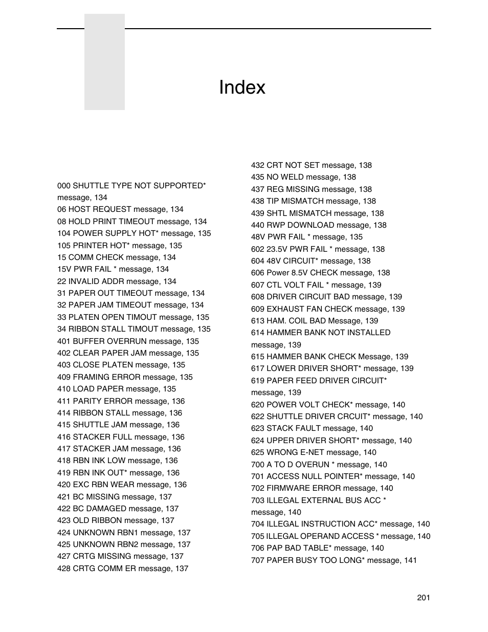 Index, Numerics | Printronix P7000 H-Series Cartridge Ribbon Printer User Manual | Page 201 / 220